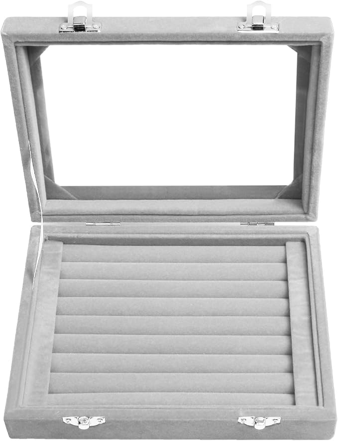 Jewelry Box Rings Organizer Tray 7 Slots Velvet Jewelry Earring Storage Box With Transparent Lid Jewelry Display Case for Girls Women (Gray) - Image 7