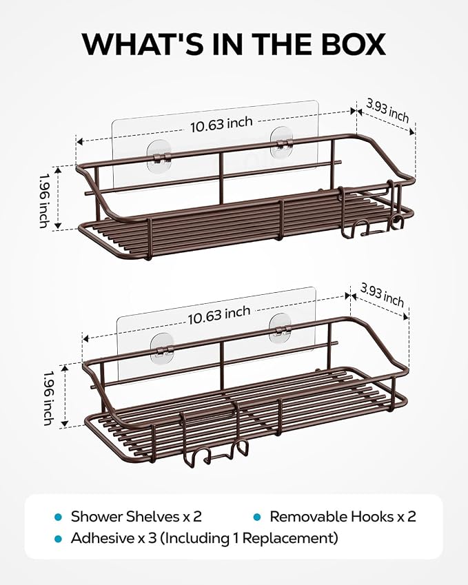 Nieifi Shower Caddy Shelf Storage Rack Adhesive Without Drilling Stainless Steel with Hooks for Washroom, Lavatory, Restroom, Toilet, Bathroom, Kitchen - 2 Pack Bronze - Image 7