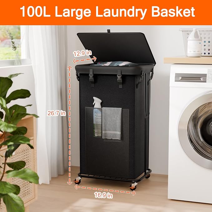 100L Laundry Hamper with Lid, Rolling Laundry Basket with Wheels, Large & Tall Dirty Clothes Hamper with Metal Frame and Removable Bag for Bedroom Aesthetic, Laundry Room, Bathroom, Dorm-Black - Image 2