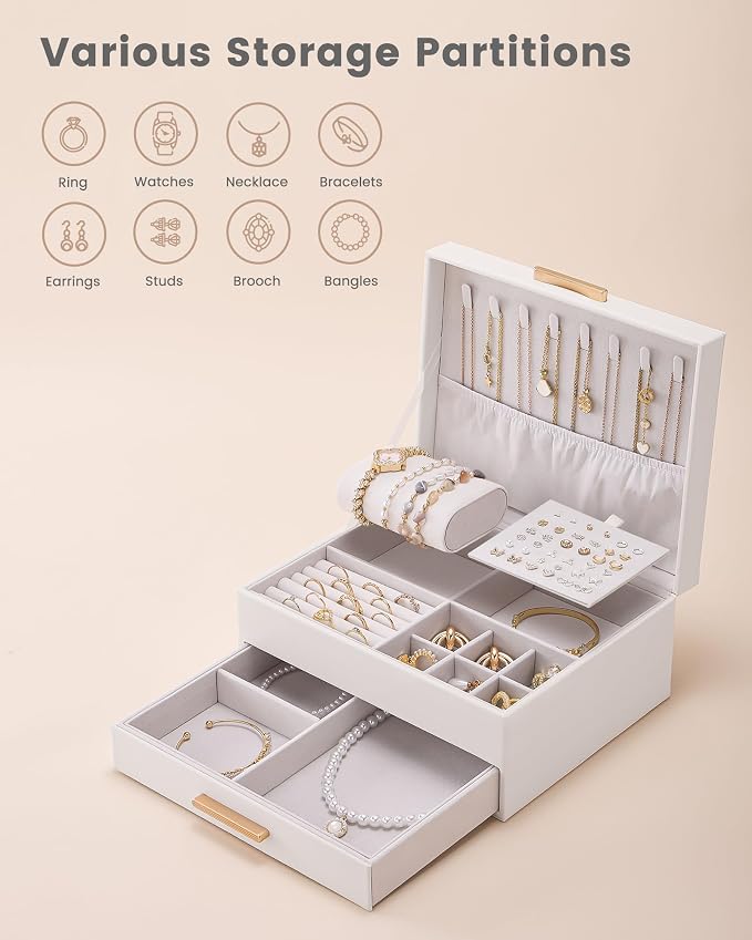 Lolalet 2-Layer Jewelry Box Organizer for Women Girls, Jewelry Storage Case Holder with Drawers for Necklaces Ring Earrings Bracelet Watch, Gifts Choice for Mom Mother’s Day -Beige - Image 4