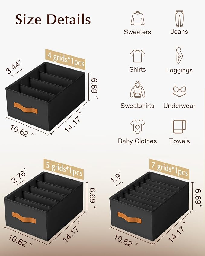 Homsorout Clothes Organizers and Storage - 4/5/7 Grids Fabric Jeans Organizer with Handles, Foldable Closet Organizers Dividers, Wardrobe organizer for Pant, Sweater, T-shirt, Scarf, 3 Pack, Black - Image 7