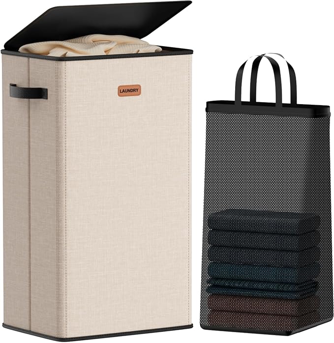 100L Laundry Hamper with Lid, Large Clothes Hampers with Removable Bag, Collapsible Laundry Basket for Bathroom, Bedroom, Laundry Room, Dorm, Beige by Vexalora
