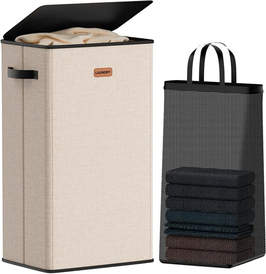 100L Laundry Hamper with Lid, Large Clothes Hampers with Removable Bag, Collapsible Laundry Basket for Bathroom, Bedroom, Laundry Room, Dorm, Beige by Vexalora