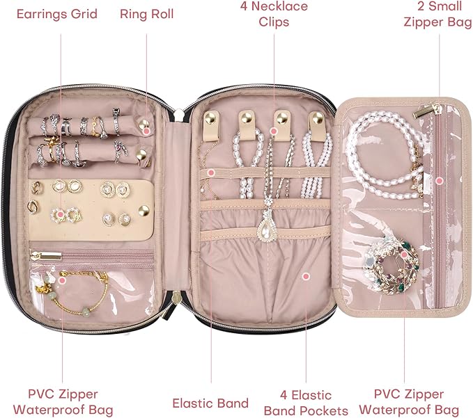 Jewelry Travel Case Organizer for Necklaces, Earrings, Rings, Bracelet, Watch, Soft Sided, Black - Image 3