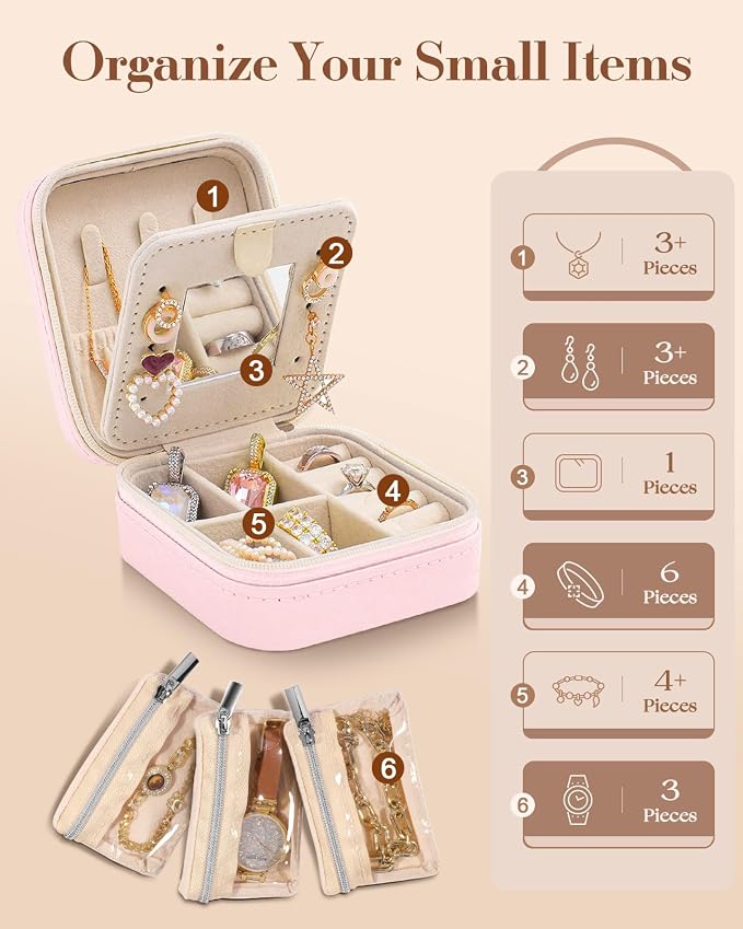 Bistup Travel Jewelry Case - Small Jewelry Organizers and Storage Box for Women Girls Teens Cute Traveling Jewelry Holder with Mirror Little Tiny Compact Modern Unique Aesthetic Pretty, Peach Blossom - Image 4