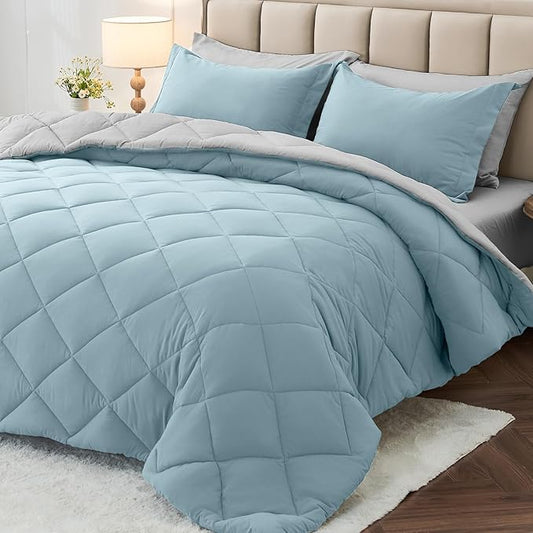 MUXHOMO 7 Pieces Queen Comforter Set, Reversible Bed in a Bag Queen Size, All Season Bedding Set with Comforter, Flat Sheet, Fitted Sheet, Pillowcases & Shams, Greyish Blue & Light Grey