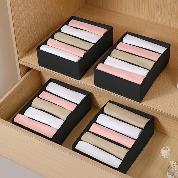 4 Packs T-shirt Drawer Organizers for Clothing,5 Grids Compartment Wardrobe Storage Box, Washable Clothes Organizer for Folded Clothes, T-shirt, Legging, Silk Scarve-Black - Image 3