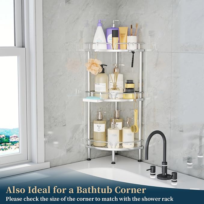 Consumest Corner Shower Caddy Stand - 3 Tier Shower Organizer with Soap Holder, Tall Floor Corner Shelf Standing with Adjustable Feet & 4 Hooks, Storage Rack for Bathroom, Silver - Image 6