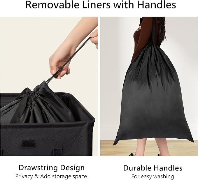 WOWLIVE 100L Laundry Hamper with Lid, Large Foldbale Laundry Basket with 2 Removable Bags and Handles, Tall Collapsible Dirty Clothes Hamper for Laundry Room, Bathroom, Dorm (Black) - Image 5