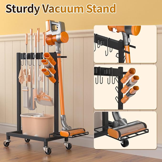 Broom Holder with Cleaning Supplies Organizer Load 160 LBS Cleaning Cart with Wheels Broom Closet Storage with 6 Mop Hanger Grippers, 3 Double-Hooks, Vacuum Stand for Laundry Garage Organization - Image 5