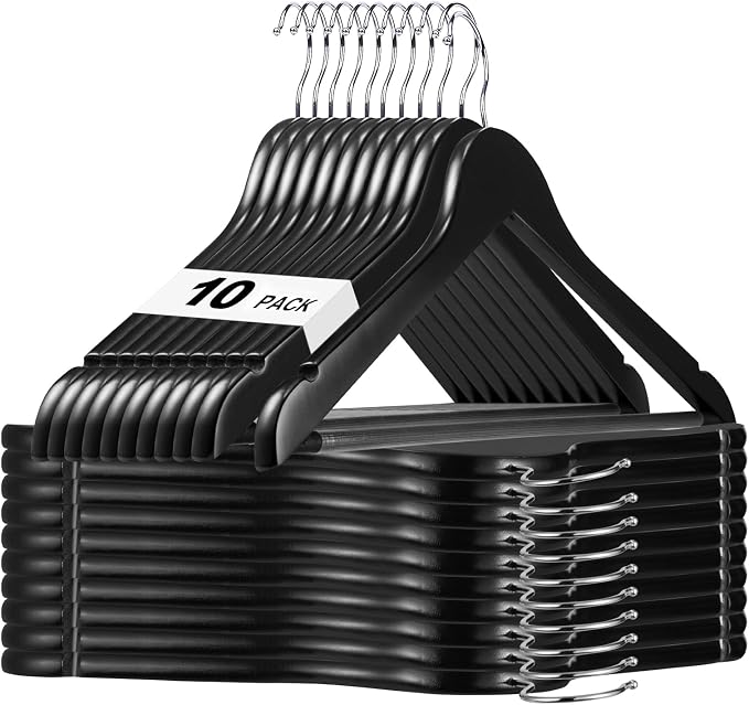 HOUSE DAY Black Wooden Hangers 10 Pack, Solid Wood Hanger with Non Slip Pant Bar, Heavy Duty Wooden Coat Hanger for Closet, Smooth Finish Wood Clothes Hangers for Shirts, Suits, Jackets, Dress by HOUSEDAY