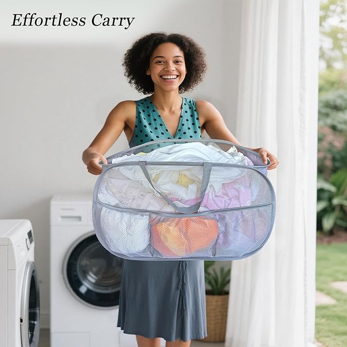 Collapsible Laundry Baskets 2 Pack, Mesh Pop Up Hamper with Handles, Portable Stair Basket, Dorm or Room Folding Bin, Dirty Clothes Hamper Light Breathable. Grey. 2H - Image 6