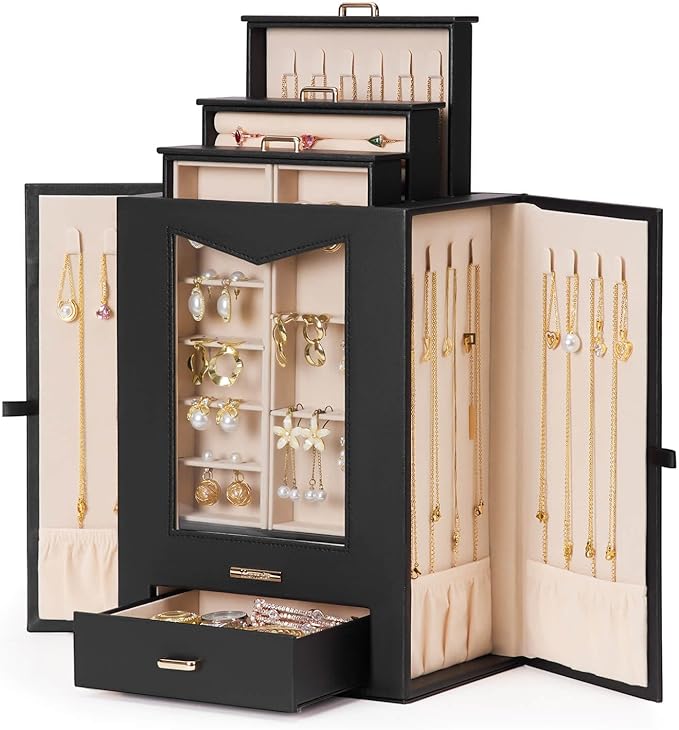 Homde Jewelry Organizer with Transparent Window Necklace Hooks Gift for Women Jewelry Box Display Case for Necklaces Rings Earrings Bracelets and Other Jewelry Accessories (Black + Gold) by Homde