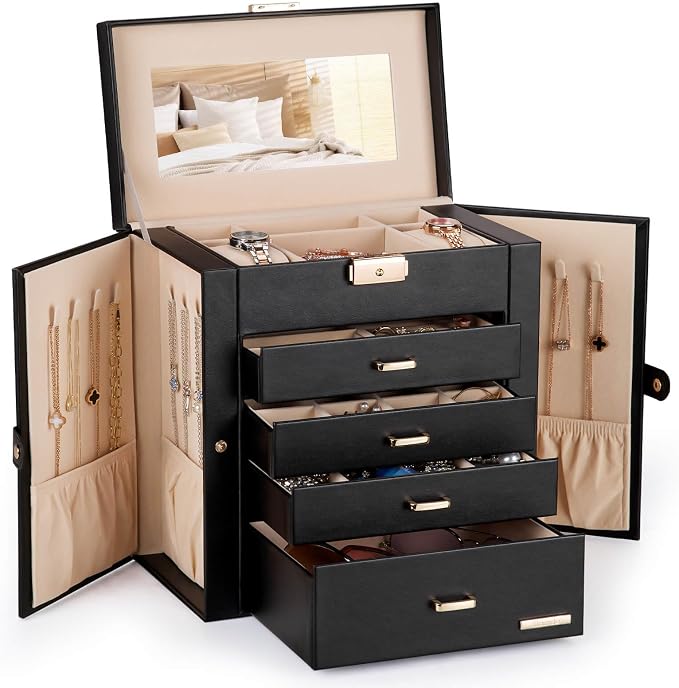 Homde Mothers Day Gifts Synthetic Leather Huge Jewelry Box Mirrored Watch Organizer Necklace Ring Earring Storage Lockable Gift Case (Black + Gold) by Homde