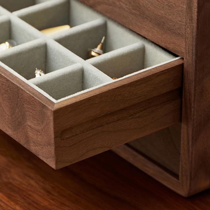 Wooden Jewelry Box for Women & Men, Large Velvet Lined Organizer with 3 Drawers, Solid Black Walnut Wood & Brass Handles, Earring Ring Necklace Storage Box - Image 7
