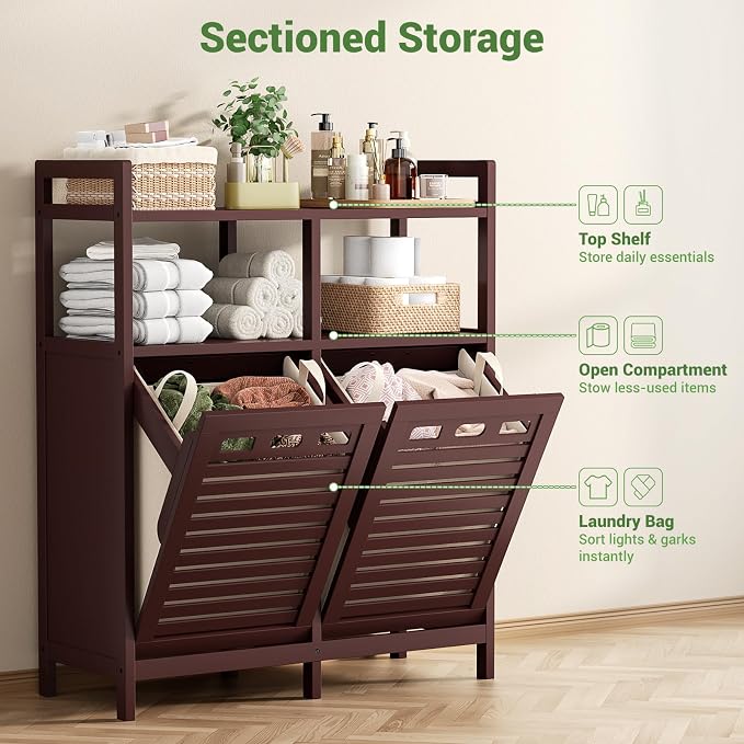 Homykic Tilt Out Laundry Hamper Cabinet, Bamboo Double Laundry Hamper with 2 Removable Laundry Baskets, 20 Gal Laundry Sorter Organizer with Shelf for Dirty Clothes, Bathroom, Laundry Room, Espresso - Image 6
