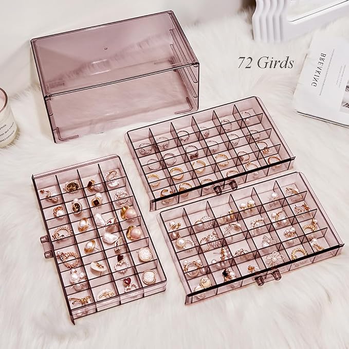 YUFONG Earring Storage Box Organizer 3 Drawers Acrylic Jewelry Storage Box Holder Transparent Jewelry Display Stand with 72 Small Compartments Gift for Women Girls (Clear Purple Brown) - Image 2