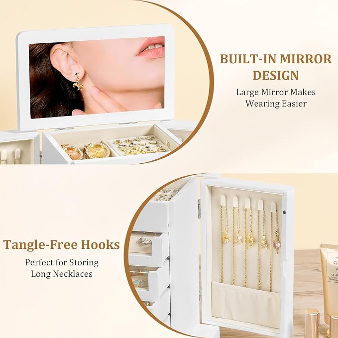 Large Jewelry Box & Organizer for Women, Wooden Jewelry Storage with 4 Transparent Drawers, Holds Necklaces, Rings, Bracelets, Earrings and Watches(White) - Image 5