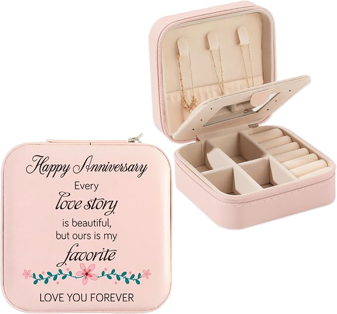 Wedding Anniversary Keepsake Gift for Her Wife Girlfriend Romantic Happy Anniversary Marriage Gift for Women Pink Portable Travel Jewelry Box with Mirror Jewelry Display Case Holder Organizer by Unknown