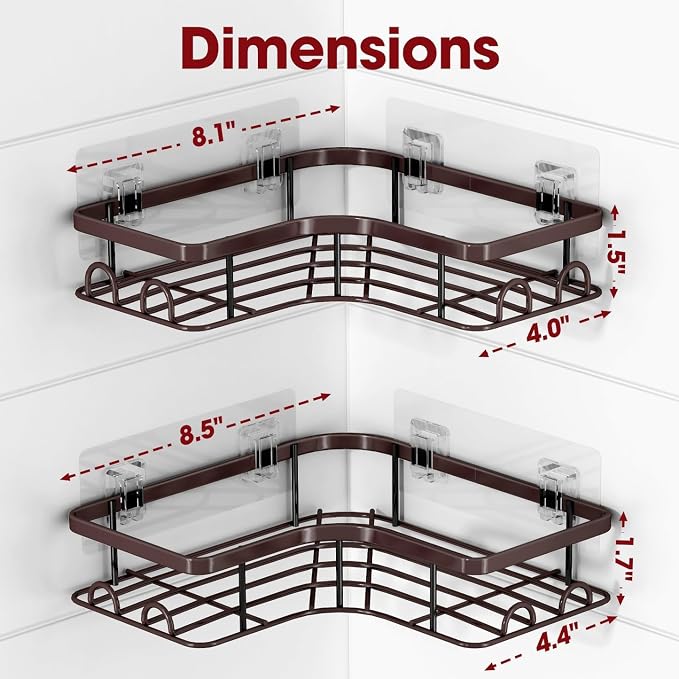 Sakugi Corner Shower Caddy - 2 Pack, Adhesive Shower Organizers, Rustproof Stainless Steel Shower Shelves with 8 Hooks, No Drilling Bathroom Organizers and Storage Racks, Space-Saving, Brown, Medium - Image 2