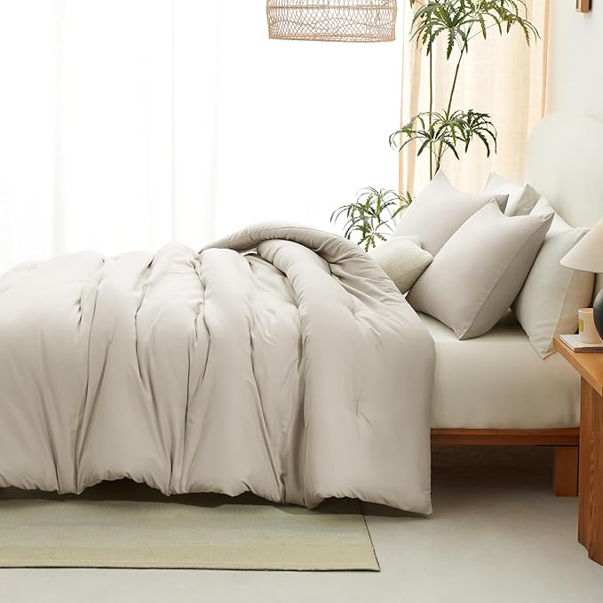 CozyLux California King Comforter Set Beige, 3 Pieces Cal King Solid Breathable Quilted Bedding Sets, Cozy Luxury Fluffy Soft Bed Sets with Down Alternative Comforter and 2 Pillowcases for All Season