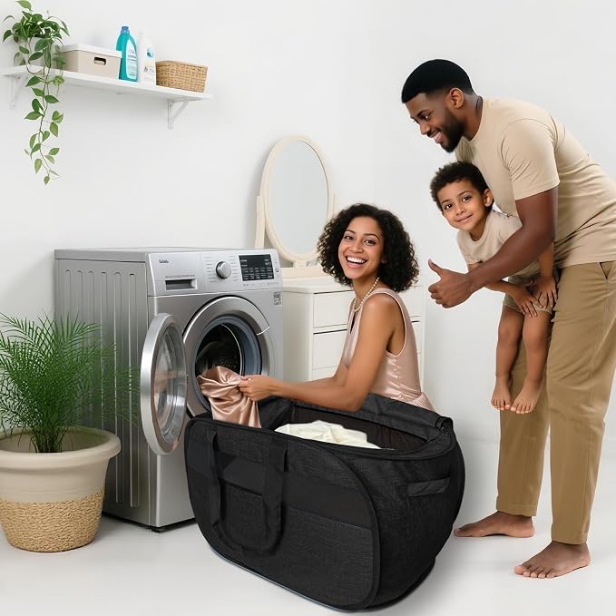 100L Extra Large Mesh Pop Up Laundry Hamper with Lid & Handles 2 Pack, XL Foldable Dirty Clothes Basket for Home Dorm Closet Storage, Portable Laundry Bin, Black. 2H - Image 2