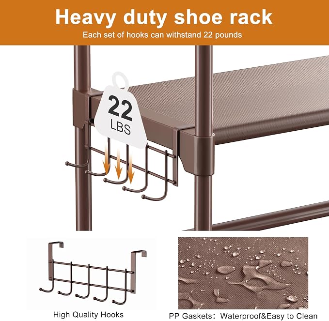 WOWLIVE 9 Tiers Large Shoe Rack Brown Shoe Rack Organizer for Closet 30-35 Pairs Stackable Heavy Duty Shoe Shelf Shoe Storage with Metal Pipes Plastic Connectors - Image 6