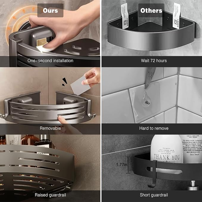 Voldra Corner Shower Caddy Suction Cup, 1 Pack Corner Shower Shelves No Drilling, Aluminum Upgrade Suction Cup Shower Organizer Corner with Towel Bar & Hooks Removable Bathroom Storage Rack(Gray) - Image 5