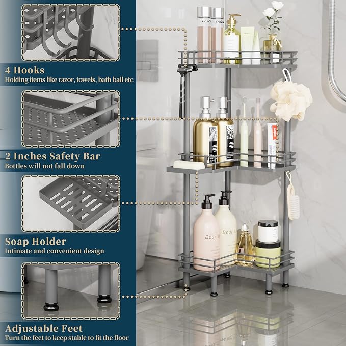 Consumest Corner Shower Caddy Standing - 3-Tier Stainless Steel Shower Organizer with Soap Holder and 4 Hooks, Large Capacity Corner Shelf Stand for Bathroom, Rest Room, Grey - Image 3