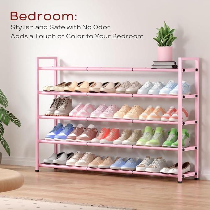 Bumusty 5-Tier Long Expandable Shoe Rack for Closet, 18"-44" Adjustable Shoe Rack for Entryway, 25-30 Pairs Large Shoe Organizer Shelf Storage, Sturdy Metal, Pink - Image 4