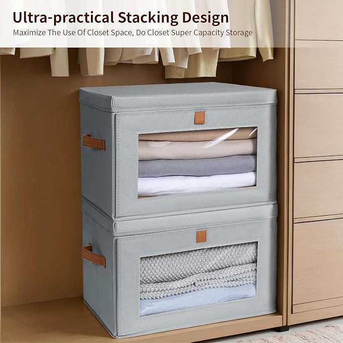 Homsorout Large Closet Storage Organizer - Clothes Storage Bins with Handles & Window, Collapsible Decorative Boxes with Lids, Fabric Containers for Living Room, Dorm, 2 Pack, Grey - Image 4