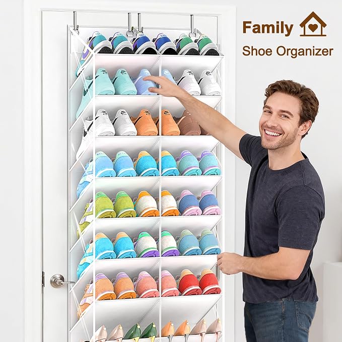 UVIAHOMI 20-30 Pairs Over the Door Shoe Organizer, Clear Pockets Hanging Shoe Storage for Closet, 10-Tier Door Shoes Rack, Handing Shoes Holder Fit All the Family's Sneakers, Boots, Heels, White - Image 4