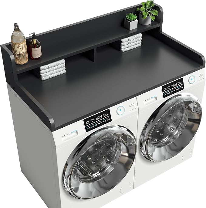 2-Tier Washer Dryer Countertop with 2.75"H Edge Rails, 54" W x 27.55" D Laundry Countertop for Folding Clothes, Washer and Dryer Topper with Non-Slip Pad (Black) by Corbyles
