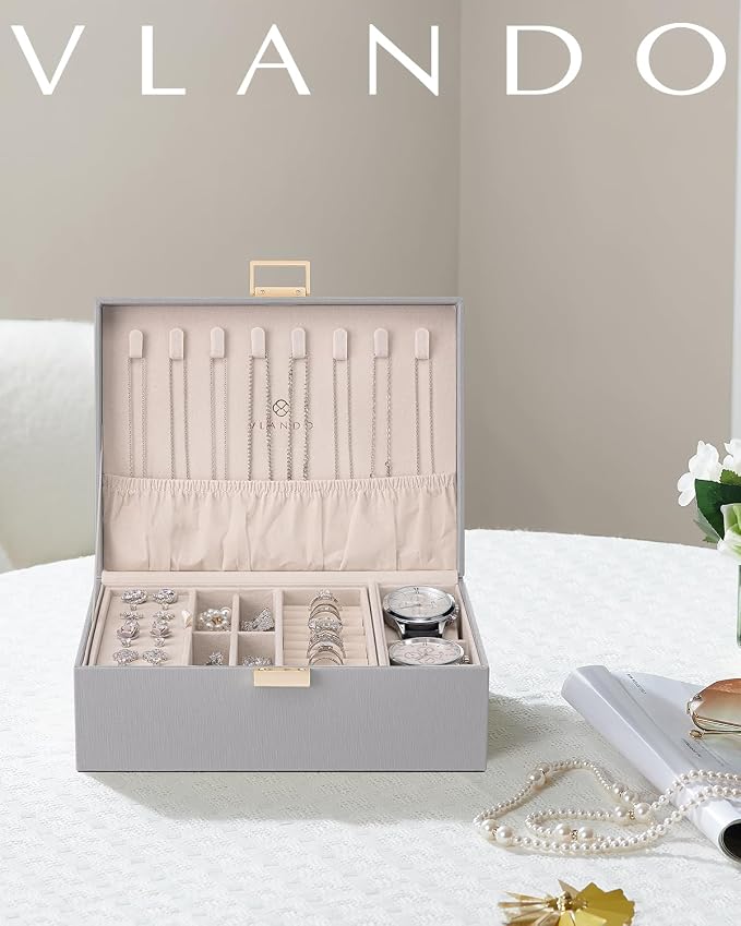 VLANDO 2 Layer Jewelry Box Large Jewelry Organizer for Women Removable Jewelery Tray with Watch Pillow for Necklace Earrings Rings Bracelets Gifts for Couples Mom Friends, Bridesmaid (Grey) - Image 8