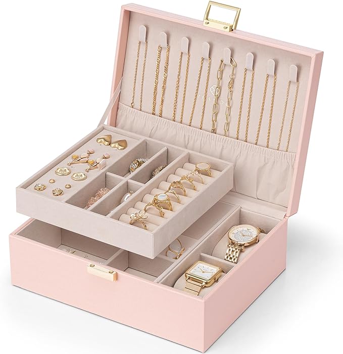 VLANDO 2 Layer Jewelry Box Large Jewelry Organizer for Mothers Day Mom Gifts Jewelery Tray with Watch Pillow for Necklace Earrings Rings Bracelets Jewelry Boxes for Holidays Gifts (Pink) by VLANDO