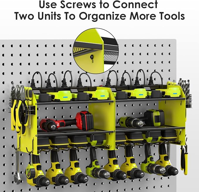 CCCEI Modular Power Tool Organizer Wall Mount with Charging Station. Garage Drill Storage Shelf with Hooks, Heavy Duty Rack, Tool Battery Holder Built in 8 Outlet. Gift for Men. Green, 1 Pack. - Image 6
