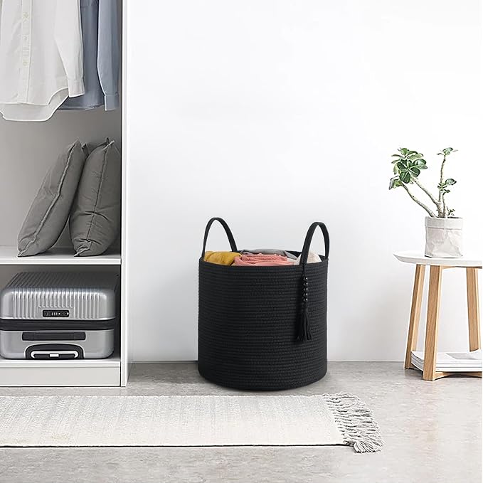 Mkono Woven Storage Basket Decorative Natural Rope Basket Wooden Bead Decoration for Blankets,Toys,Clothes,Shoes,Plant Organizer Bin with Handles Living Room Home Decor, 16" W×13.8" L, Black - Image 2