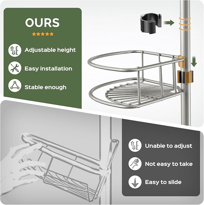 HAMITOR Corner Shower Caddy Tension Pole: 4-Tier Rust-Resistant Adjustable Bathroom Organizer Shelves - 47-121 Inch No-Drill Quick Installation - Space-Saving Storage for Renters Family - Silver Gray - Image 3
