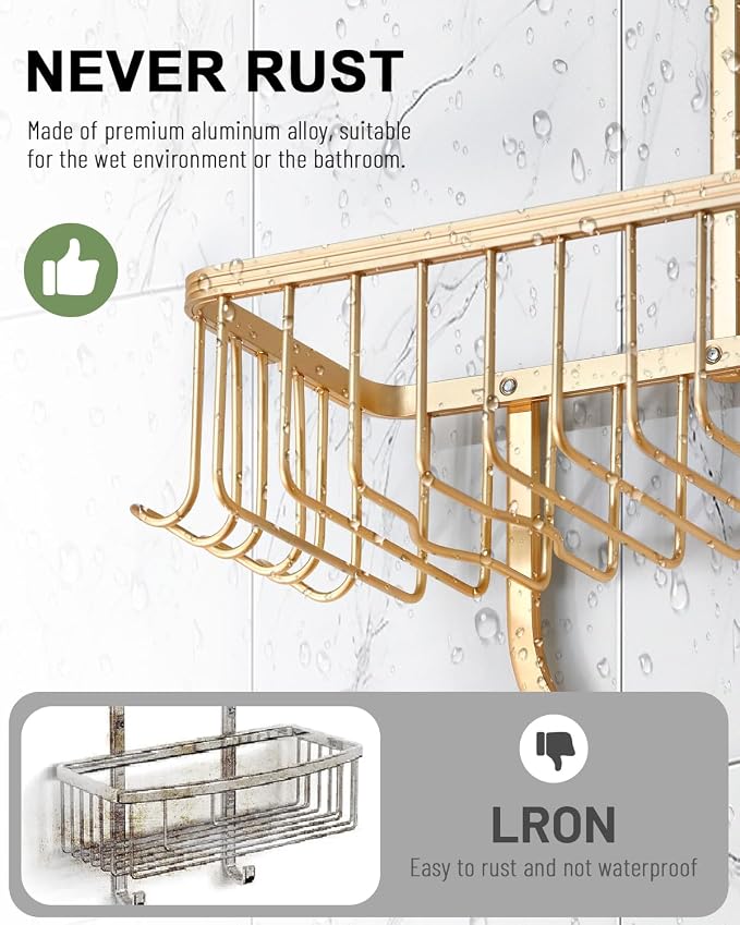 Shower Caddy Hanging - Never Rust Shower Hanging Organizer - Aluminum Over the ShowerHead Caddy with Soap Basket and 6 Razor/Sponge Hooks (Gold) - Image 4