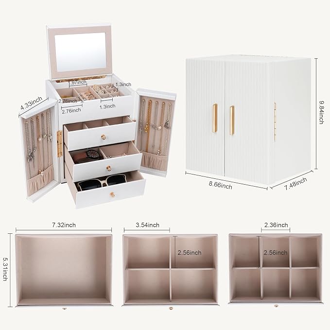 Dajasan Large Jewelry Box Organizer, Jewelry Storage Organizer with 3 Drawers, Huge Jewelry Box with Mirror for Women Girls, Double Door, Textured PU Leather, Gift Idea, Stylish (White + Gold) - Image 2