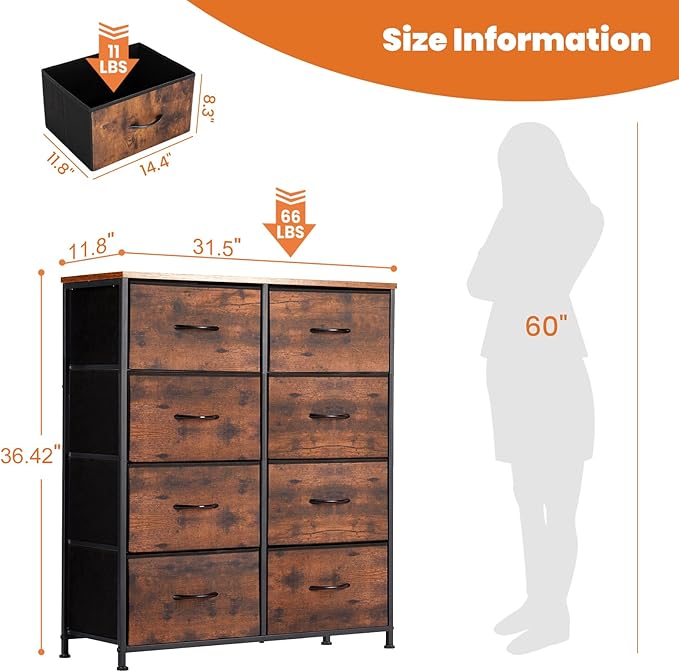 Sweetcrispy Dresser for Bedroom with 8 Storage Drawers, Large Fabric Storage Tower Organizer, Chest of Drawers with Metal Frame Wooden Top for Closet, Living Room, Entryway,Brown