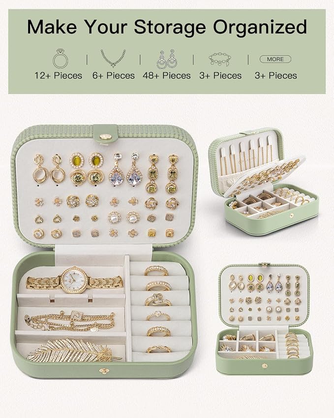 VLANDO Travel Jewelry Case, PU Leather Travel Jewelry Box with Earring Holder, Portable Display Small Jewelry Box for Mothers Day Women Girls Gift - Green - Image 7