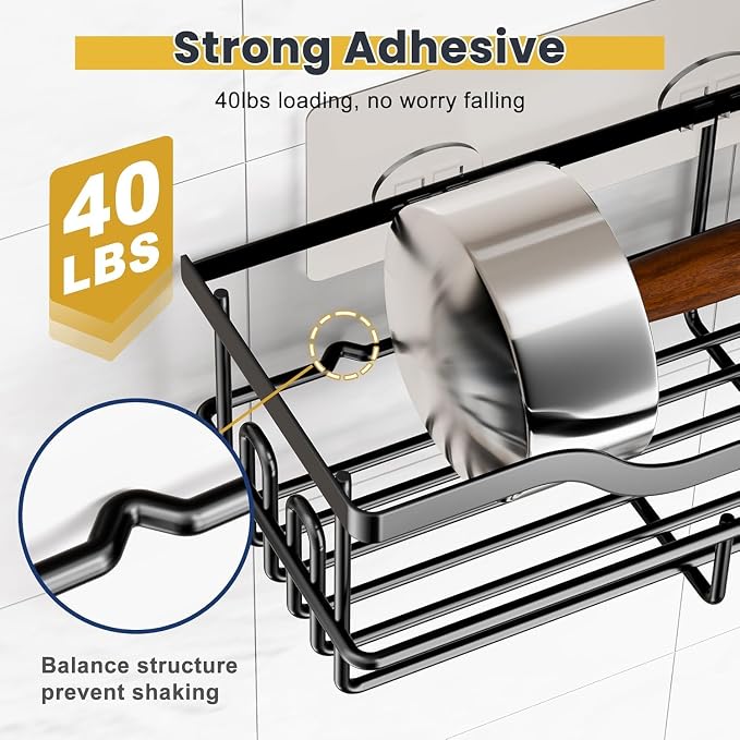 OMAIRA 3-Pack Shower Caddy with Soap Holder, Adhesive Rustproof No-drill Strudy Loading Inside Shower Organizer Shelves Rack Storage Bathroom Organization for Smooth Wall Glass Tile, Black (Large) - Image 4