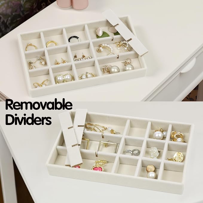 Set of 8 Stackable Jewelry Organizer Trays with 1 Lid for Drawer & Dresser Organizer, Adjustable Velvet Jewelry Box Tray Earring Organizer Necklace Storage Ring Bracelet Display Case (Beige) - Image 3