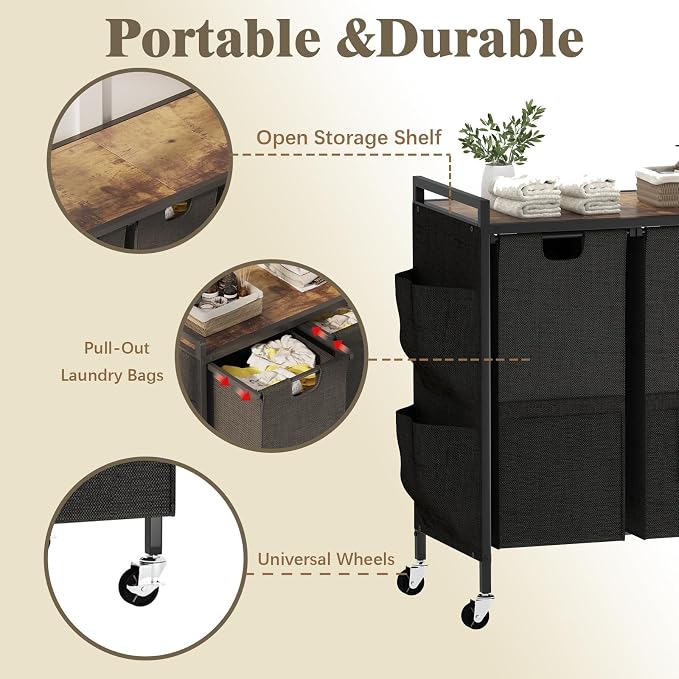 Huhote Laundry Hamper, Laundry Basket, Laundry Sorter with Top Shelf & 3 Removable Washable Bags & Side Pockets for Laundry Room organization, Bathroom and Dorm, Rustic Brown and Black - Image 4