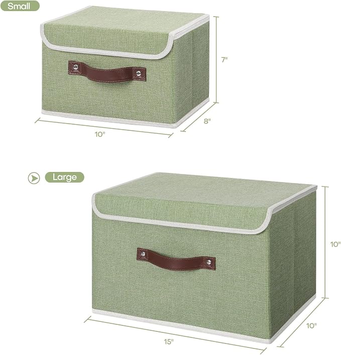 ANMINY Storage Bin with Lid Storage Boxes with PU Leather Handles PP Plastic Board Decorative Foldable Lidded Cotton Linen Fabric Home Cubes Baskets Closet Organizer Container - Green, Large Size - Image 5