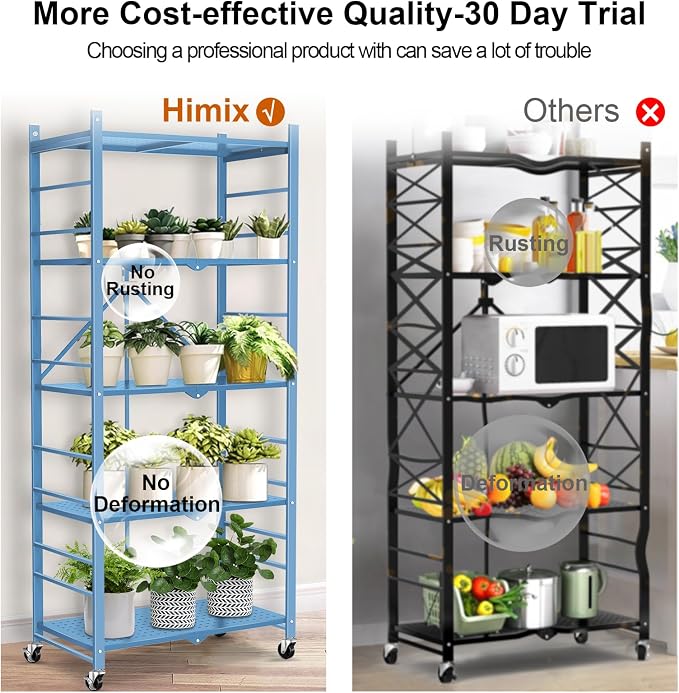 Himix Storage Shelves with 20 Hooks, 5-Tier Foldable Shelf for Storage, Folding Shelf Unit Pantry Shelves with Wheels, Standing Shelving Unit for Kitchen Garage Home Office Room Greenhouse, Blue - Image 7