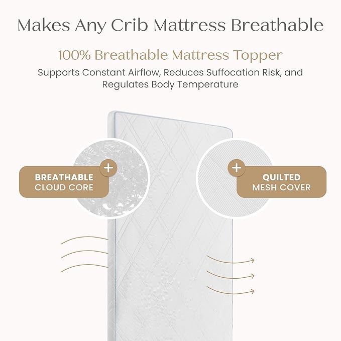 Delta Children Breeze Breathable Crib Mattress Topper, Makes Any Crib Mattress Breathable, 100% Washable, Ultra-Breathable Quilted Layer for Comfort, Fits Standard Size Cribs & Toddler Beds