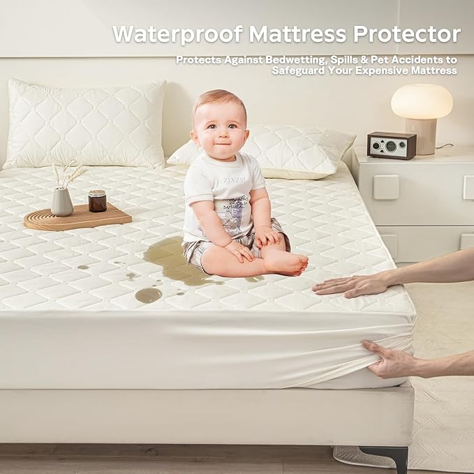Waterproof Mattress Protector King, 18” Deep Pocket King Mattress Topper+2pcs Pillow Cases - Leakproof, Oeko-TEX Certified, Breathable & Noiseless,Machine Washable (Cream White)