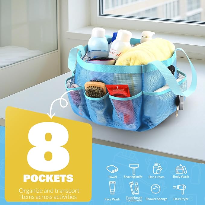 LOYEE Mesh Shower Caddy Portable for College Dorm Room Essentials with 8 Pockets, Shower Bag for Beach, Swimming, Gym, Travel, Bathroom(All blue) - Image 3